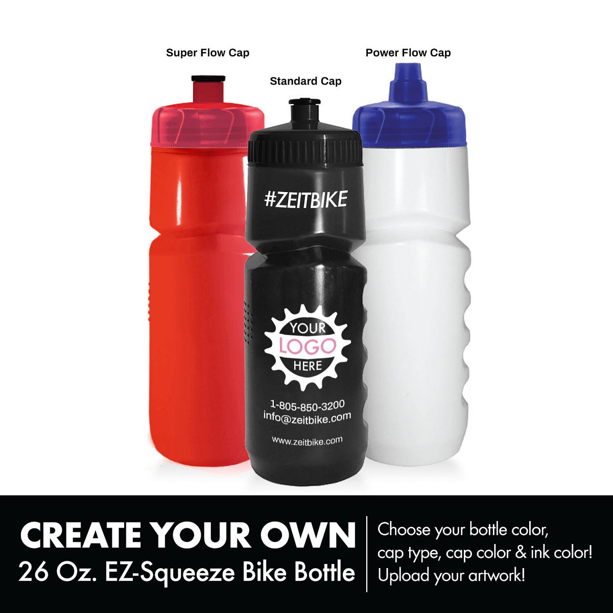 ZEITBIKE - Custom Bottles - 26 Oz. "Sure Grip" EZ-Squeeze Bike Bottles With Your Business Logo (Starting at 150 pcs)