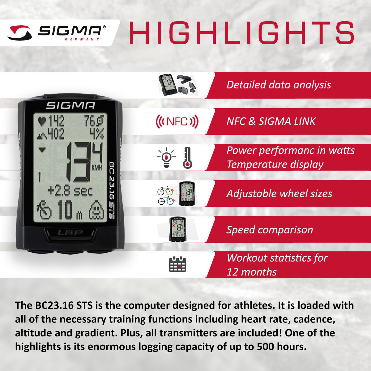 SIGMA Bicycle Computer - BC 23.16 STS, Digital Wireless - ZEITBIKE