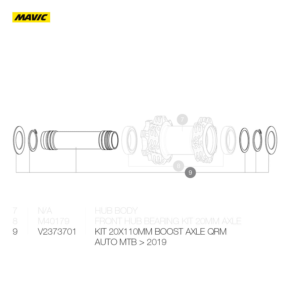 Mavic Deemax 29 Parts - Wheel Hub - Kit 20x110mm Boost Front Axle QRM Auto MTB ( > 2019)