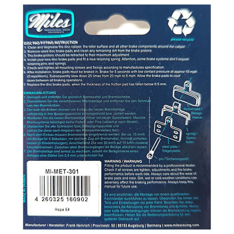 Miles Racing - Disc Pads Semi Metallic - Hope E4 2014 - MI-MET-301 - ZEITBIKE