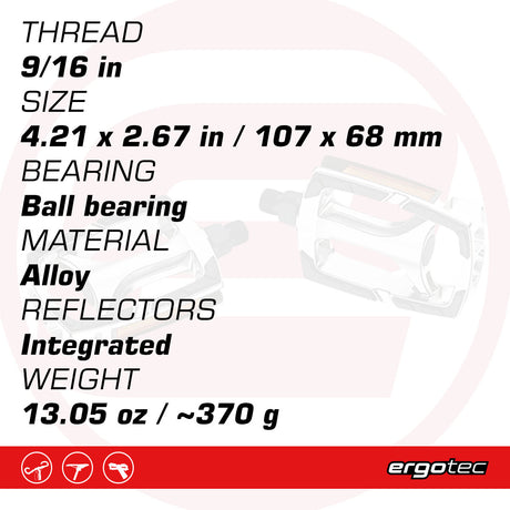 Ergotec - Pedals 628 (9/16'' with Reflector | Silver/Black) - ZEITBIKE