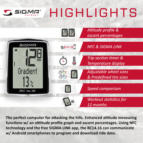 SIGMA Bicycle Computer - BC 14.16, Wired - ZEITBIKE