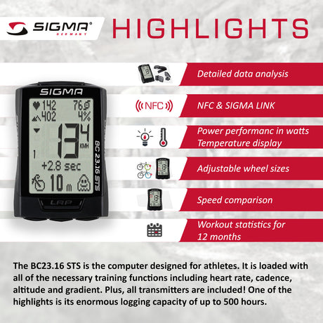 SIGMA Bicycle Computer - BC 23.16 STS, Digital Wireless - ZEITBIKE
