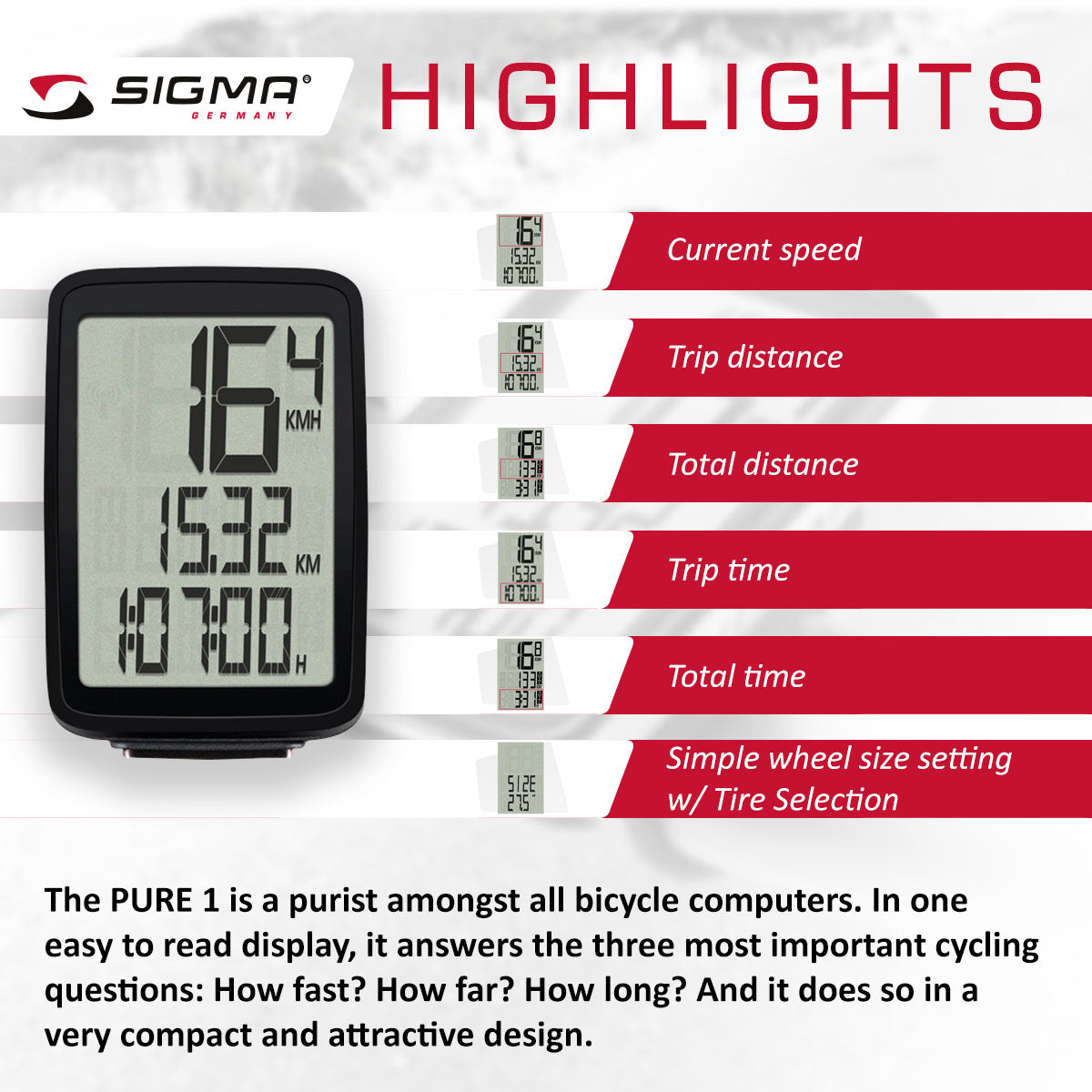 SIGMA Bicycle Computer - PURE 1 ATS, Analogue Wireless - ZEITBIKE