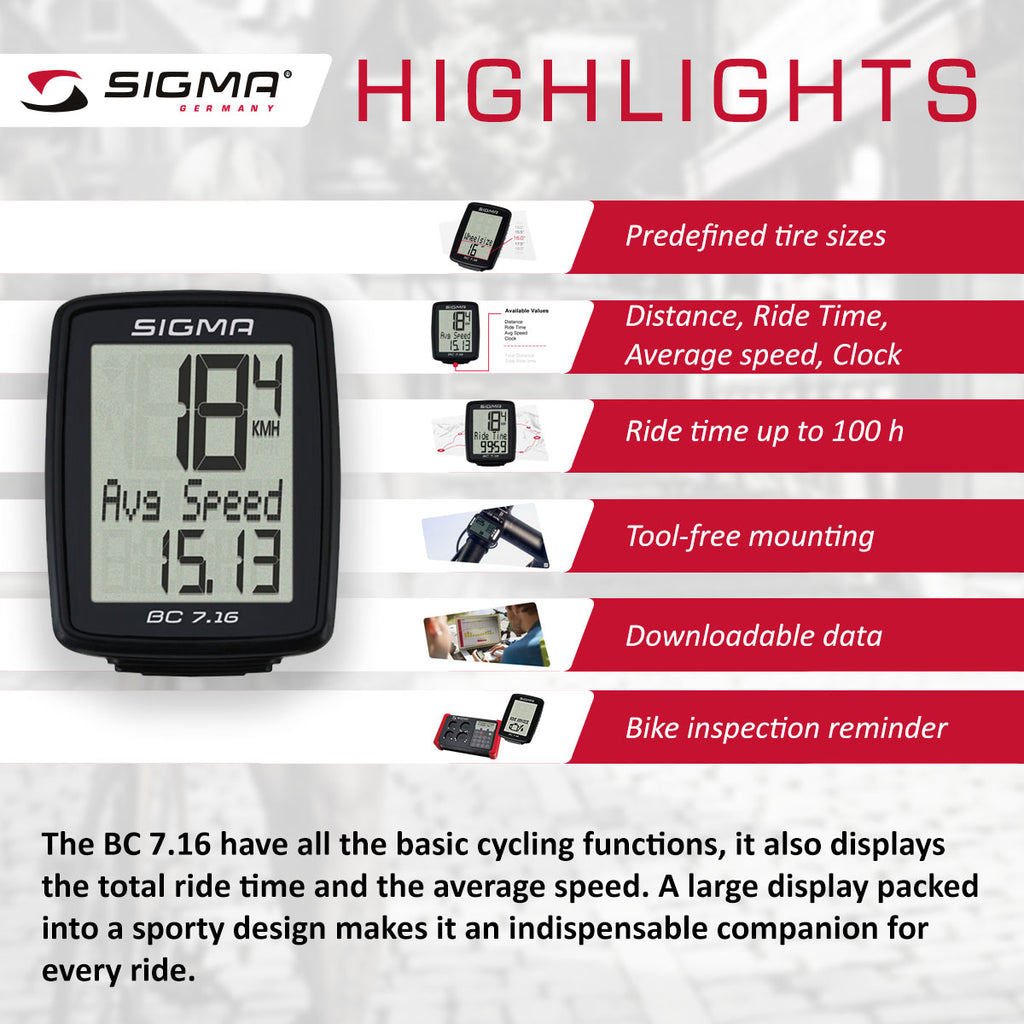 SIGMA Bicycle Computer - BC 7.16, Wired – ZEITBIKE